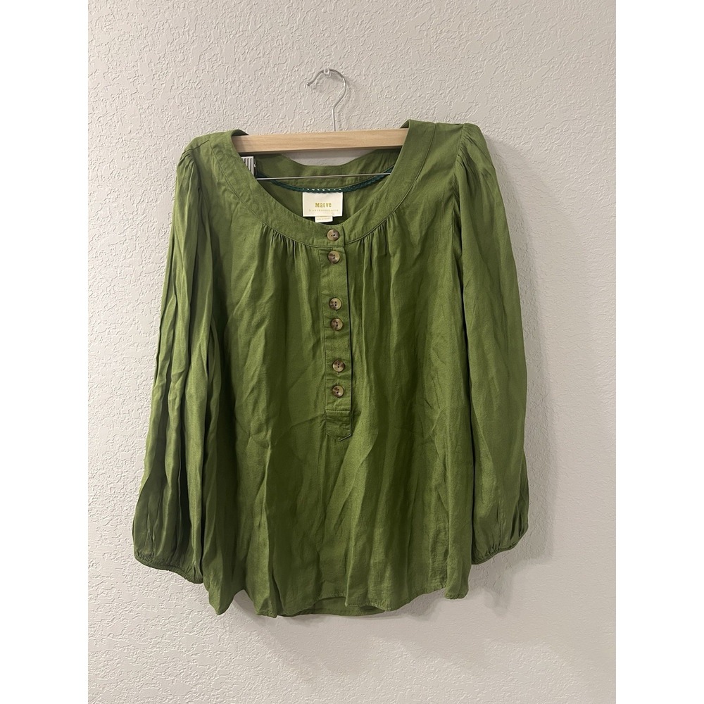 Rare Maeve Anthropologie Green Kalas‎ Button Henley Top Balloon Sleeve Shirt M